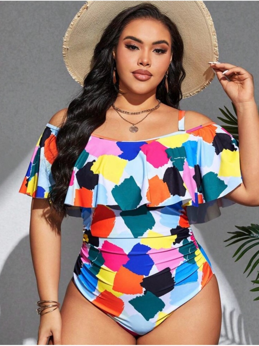 SHEIN Multicolor Off-Shoulder Ruffle One-Piece Swimsuit
